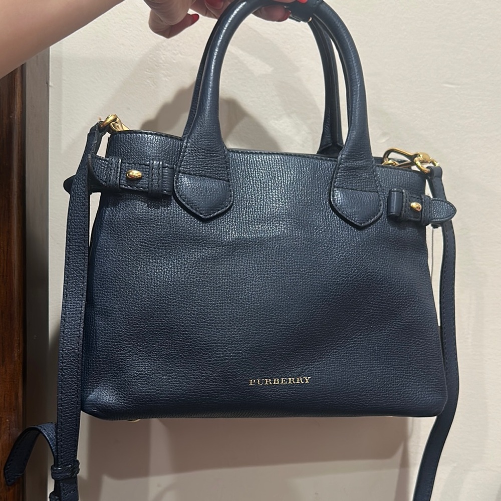 Authentic Burberry Blue Leather Satchel with Gold Accents